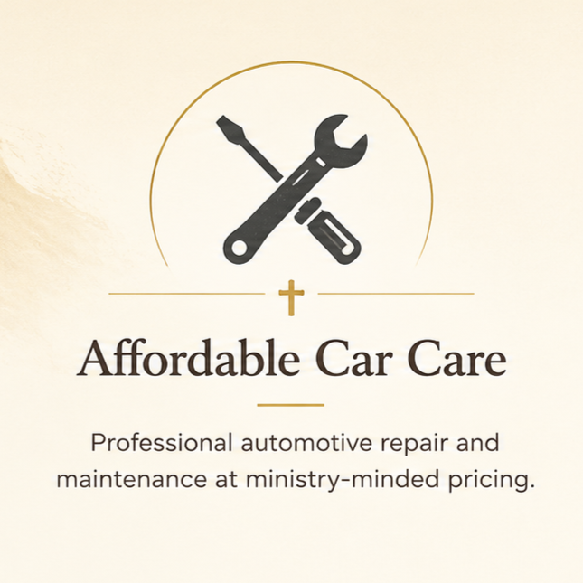 Icon of crossed wrench and screwdriver above text advertising affordable and professional auto repair and maintenance.