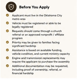 A list of pre-application requirements for a program in Oklahoma City, including residency, vehicle registration, certification, referral, priority considerations, assistance, vehicle maintenance, documentation, and financial proof.