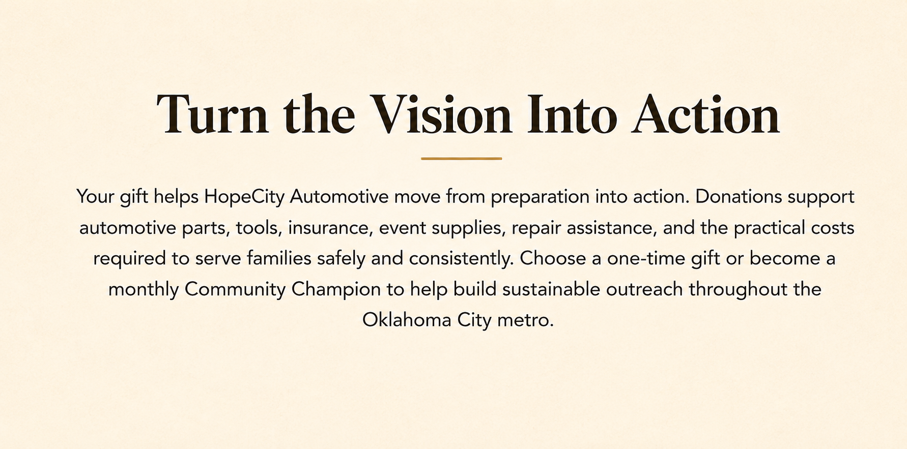 A promotional flyer with the heading 'Turn the Vision Into Action' and body text about HopeCity Automotive's donation drive supporting automotive services, tools, insurance, and repair assistance in Oklahoma City.