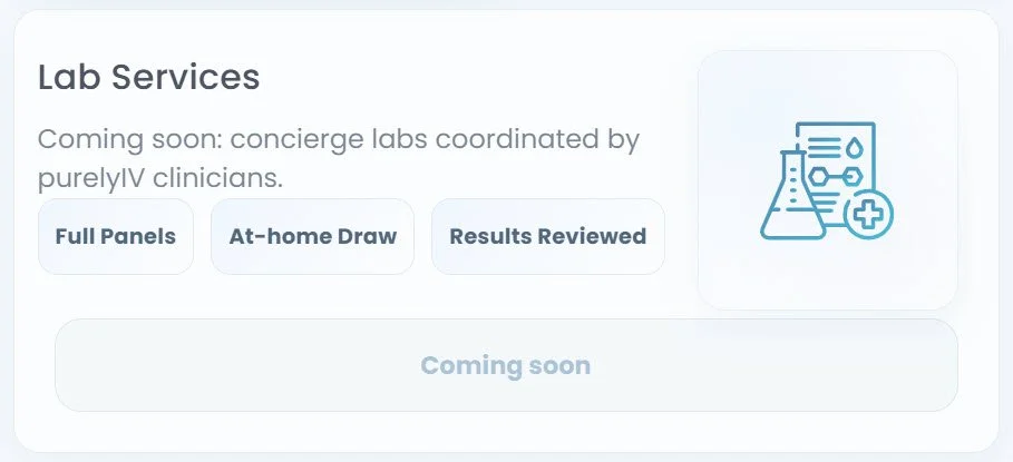 purelyIV lab services card showing full panels, at-home draw, and results reviewed as coming soon