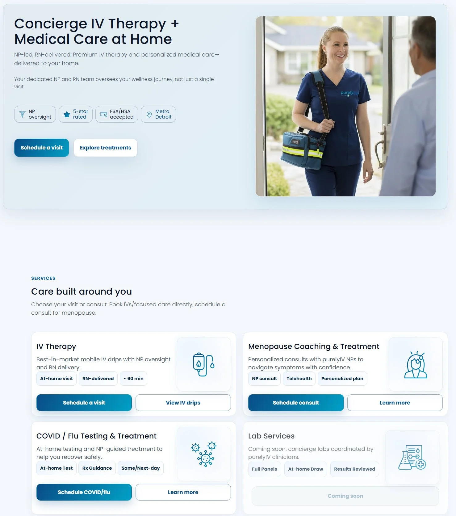 purelyIV homepage redesign showing concierge IV therapy hero and service tiles for IV therapy, menopause coaching, COVID/flu testing, and lab services