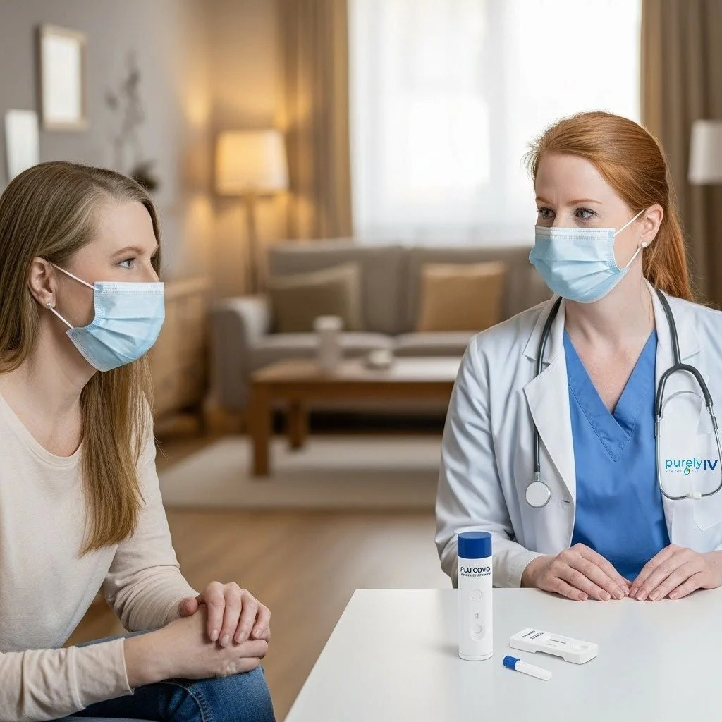 Nurse performing flu and COVID combo test at home
