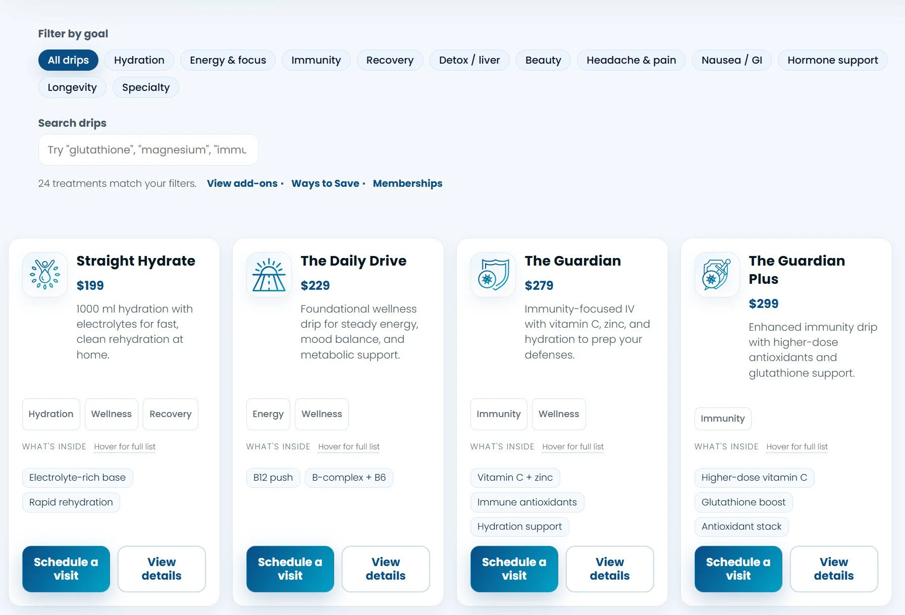 purelyIV IV services page showing goal filters, search, and IV drip cards