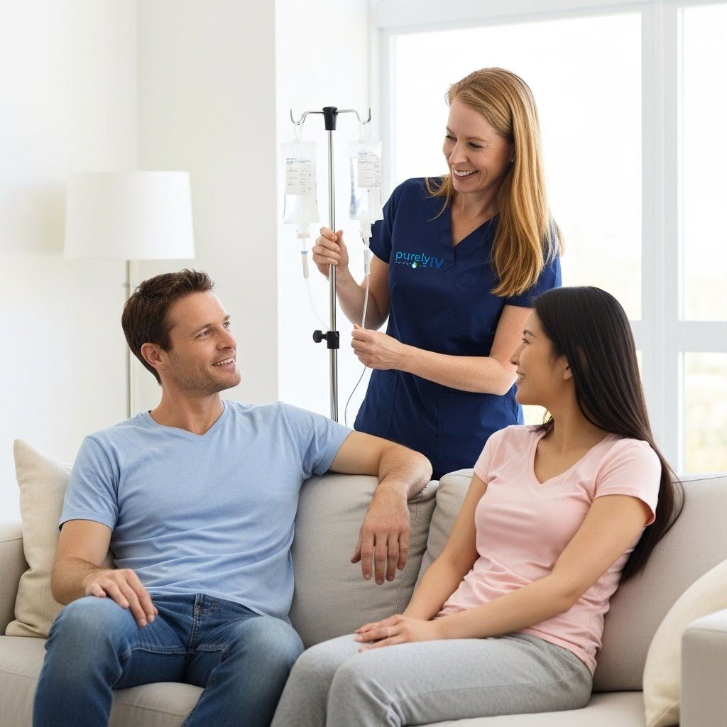 Client receiving mobile IV therapy at home with purelyIV membership