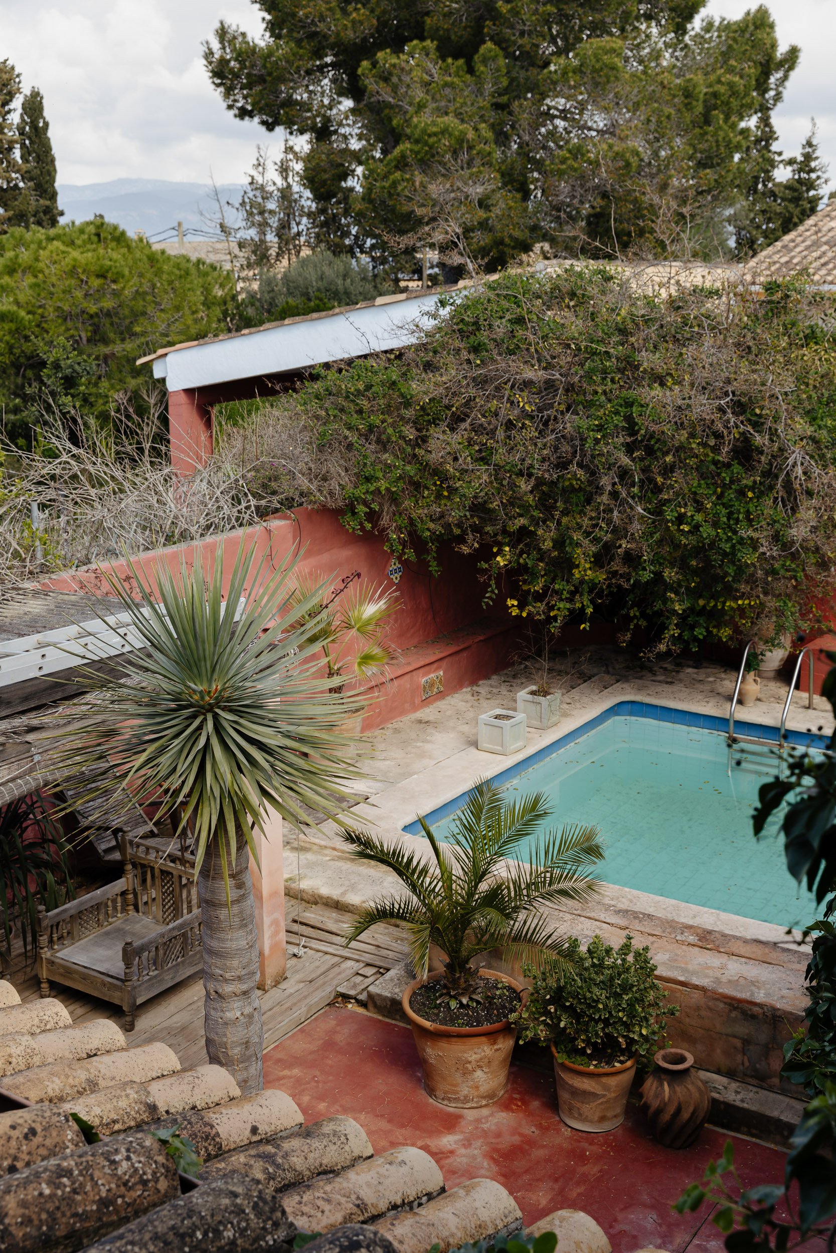 High angle shot of a boutique villa pool area with weathered timber decking and potted palms.
