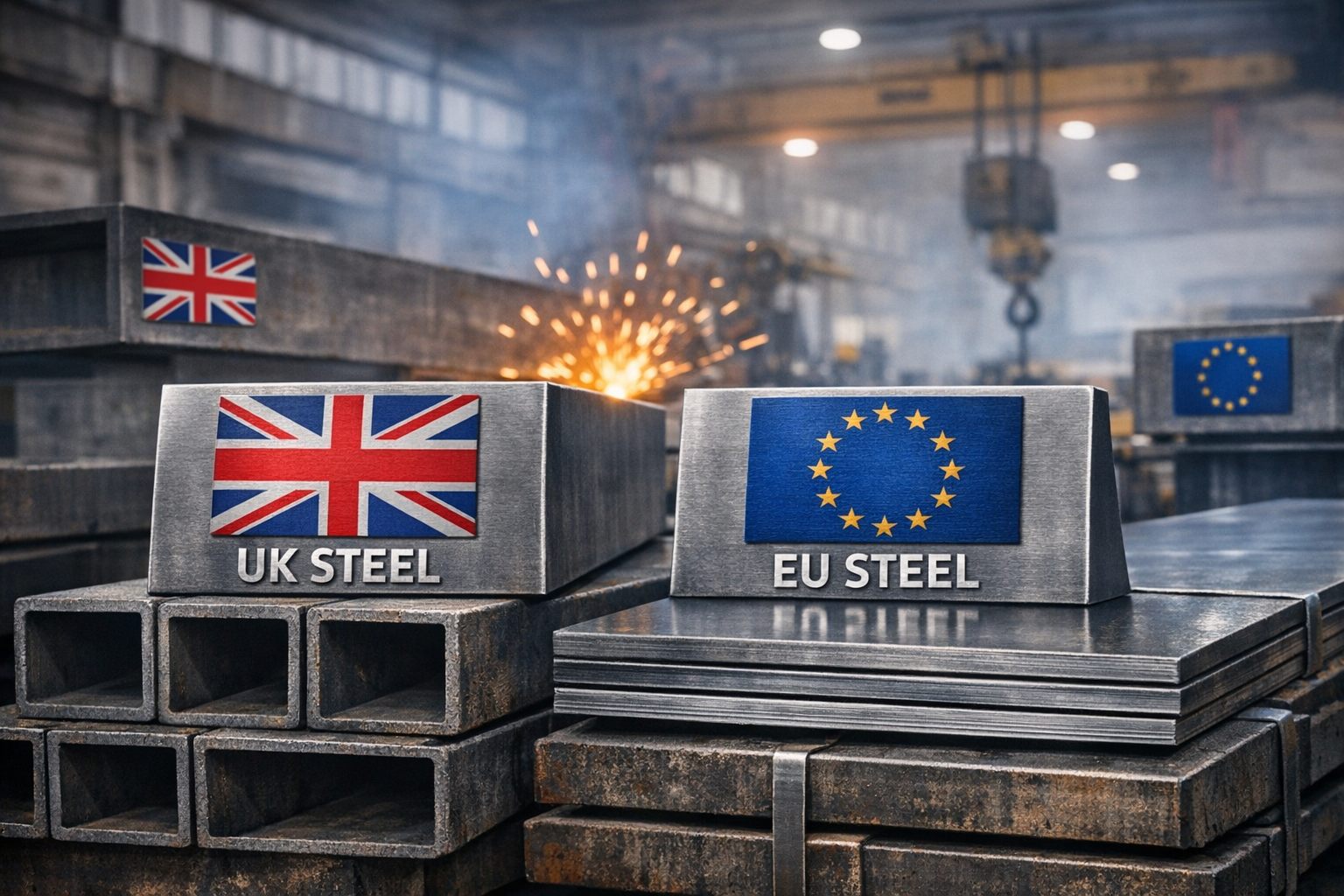 Steel beams labeled 'UK Steel' with a British flag and 'EU Steel' with a European Union flag, in an industrial steel manufacturing plant with sparks flying in the background.