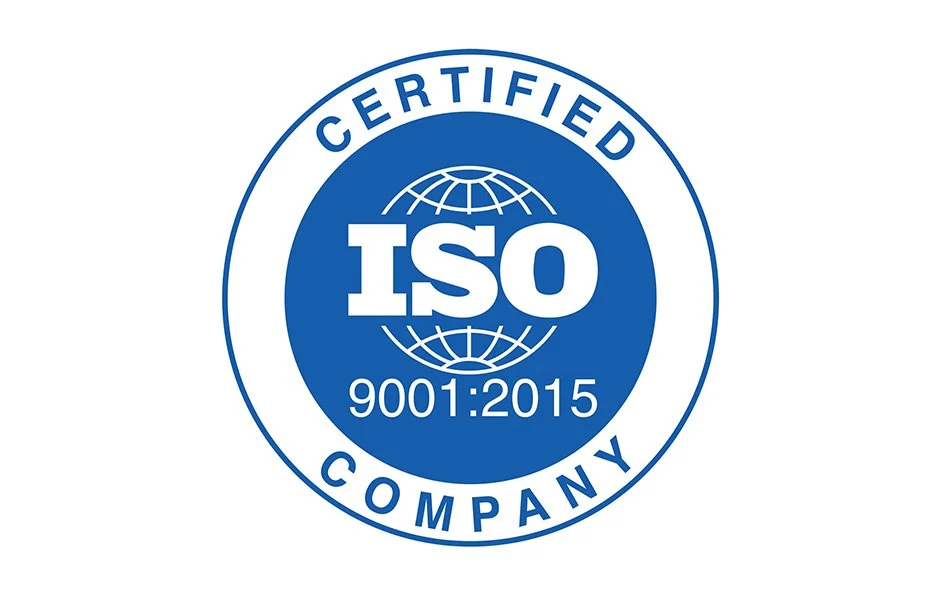 A blue circular certification badge with the words "Certified ISO Company" and "9001:2015" in the center, and the ISO logo depicted as a globe with latitude and longitude lines.