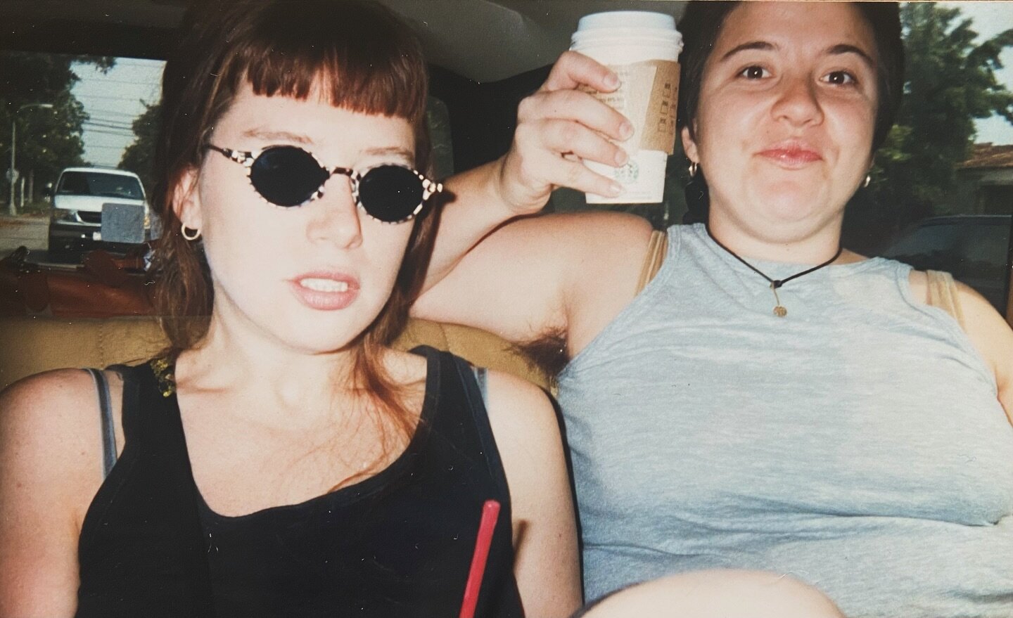 Amy is unearthing the 1990&rsquo;s from her basement. This classic. Loving my shaved head grow out and hairy underarms and Amy&rsquo;s bangs and shades. And a Starbucks&hellip;