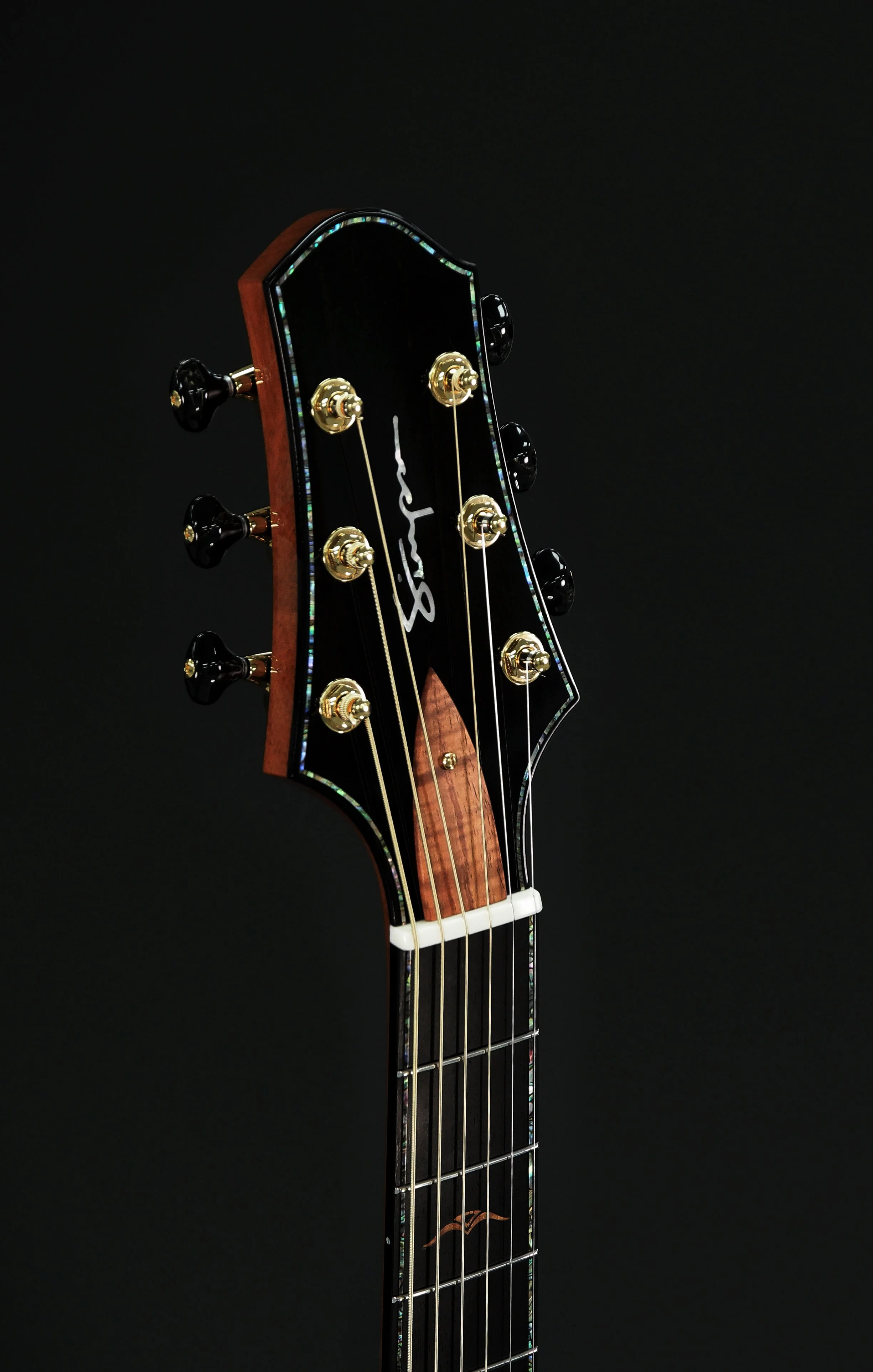 Woodland Edition - SJ model headstock trimmed in Pau Abalone pearl and Koa truss rod cover