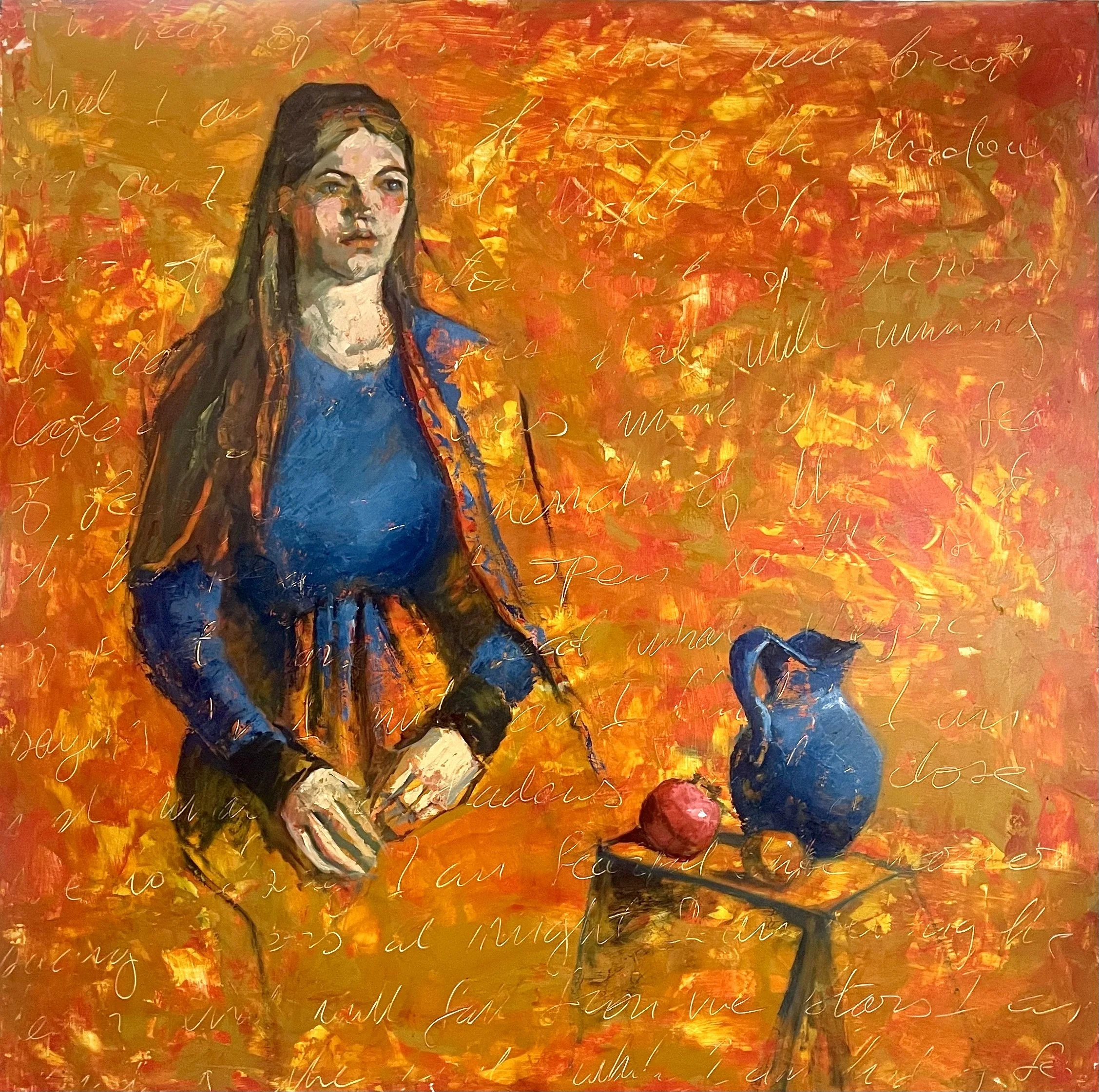 BECOMING, oil, acrylic, poetry, on board, 48”x48”