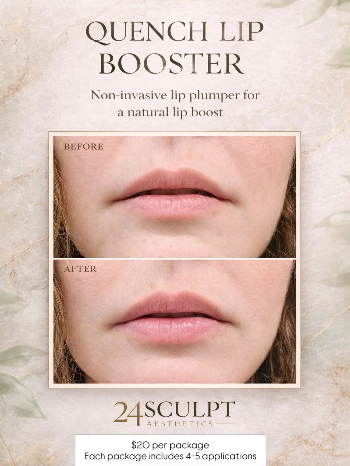 Natural lip boost without filler 💋

Meet the Quench Lip Booster at 24Sculpt Aesthetics &mdash; a non-invasive lip plumper designed to enhance your lips for a soft, hydrated, natural look. No filler needed! Booster is applied just like lip gloss. 

✨