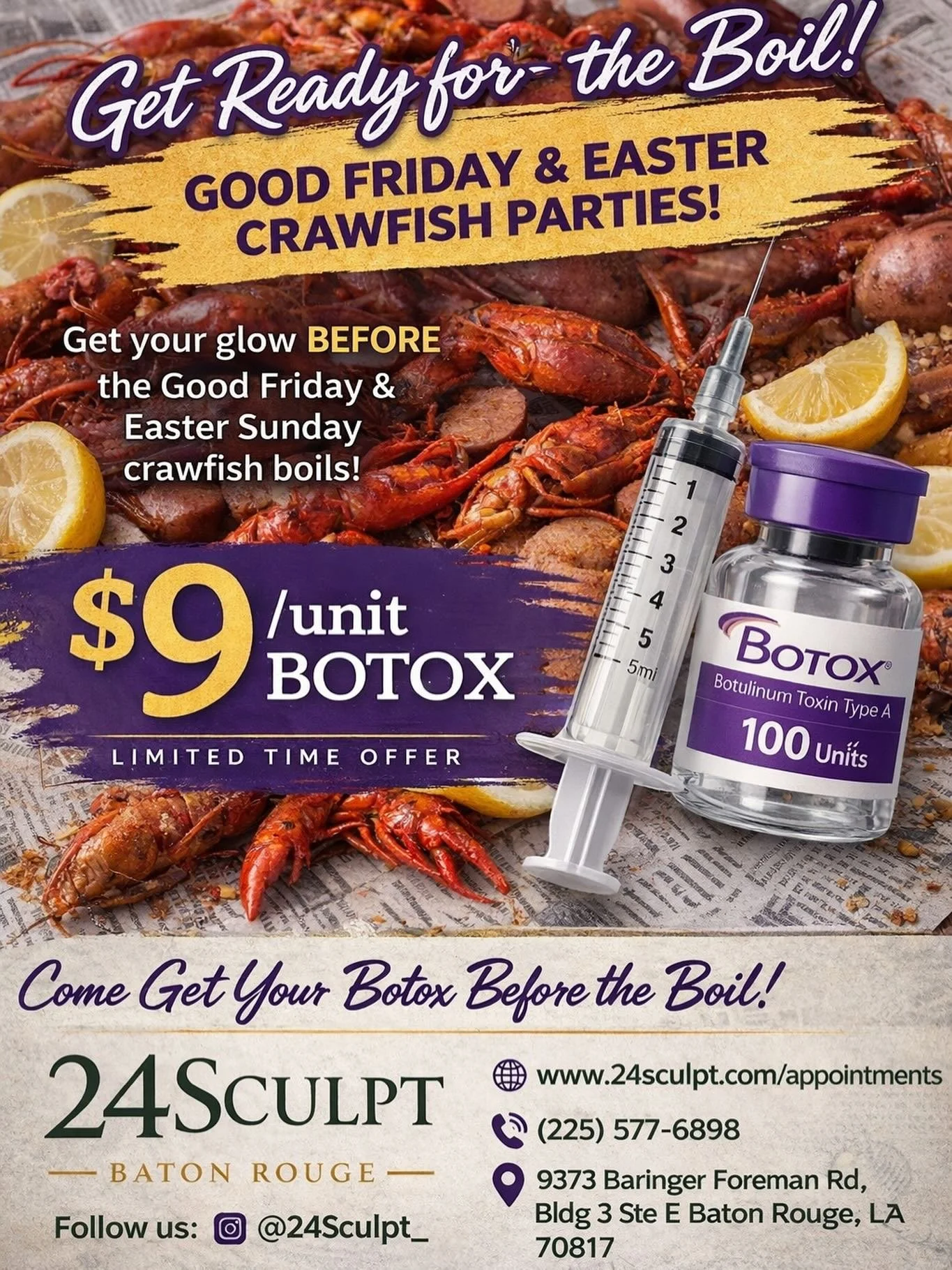 A fresh, natural look&mdash;just in time for your Easter weekend plans ✨

Because great skin is always in season 🦞Get your Botox BEFORE the boil

$9/unit Botox (limited time)

📍 9373 Baringer Foreman Rd, Bldg 3, Ste E, Baton Rouge, LA 70817
📲 Book