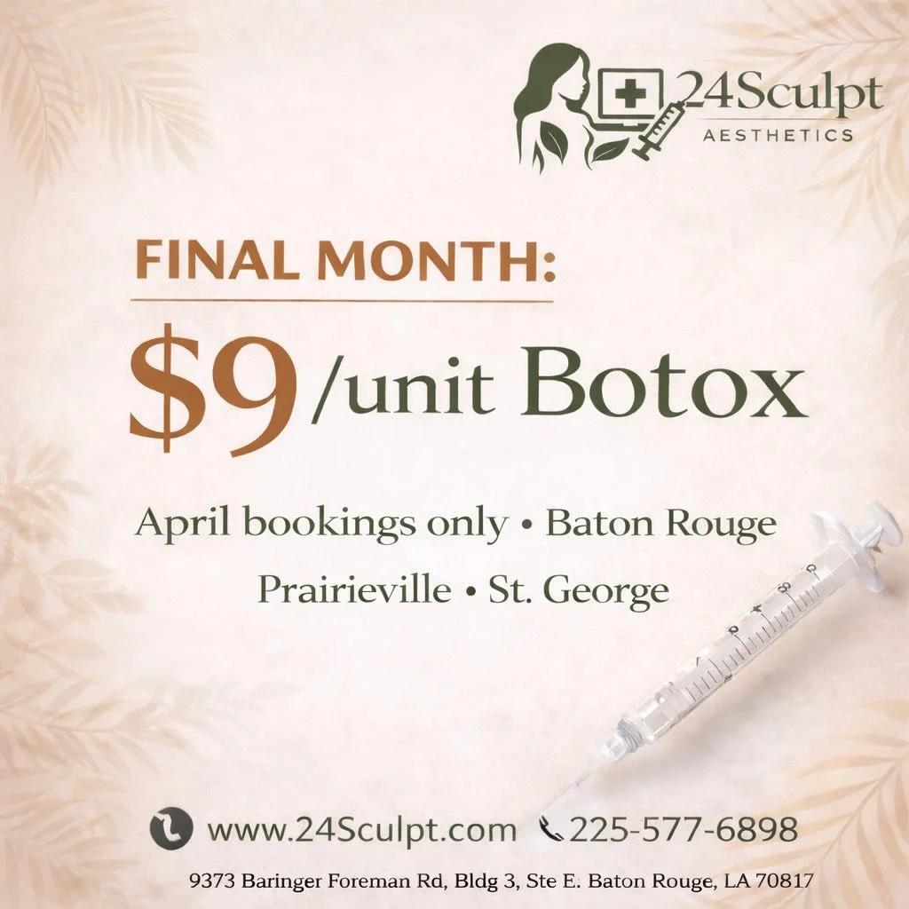 ✨ 24Sculpt April Glow-Up Event ✨

Limited-Time Grand Opening Special

Main Offer (bold focus):
$9 per unit Wrinkle Relaxer, including Botox

Refresh your look just in time for spring events, photos, and graduations

April bookings only &bull; Limited