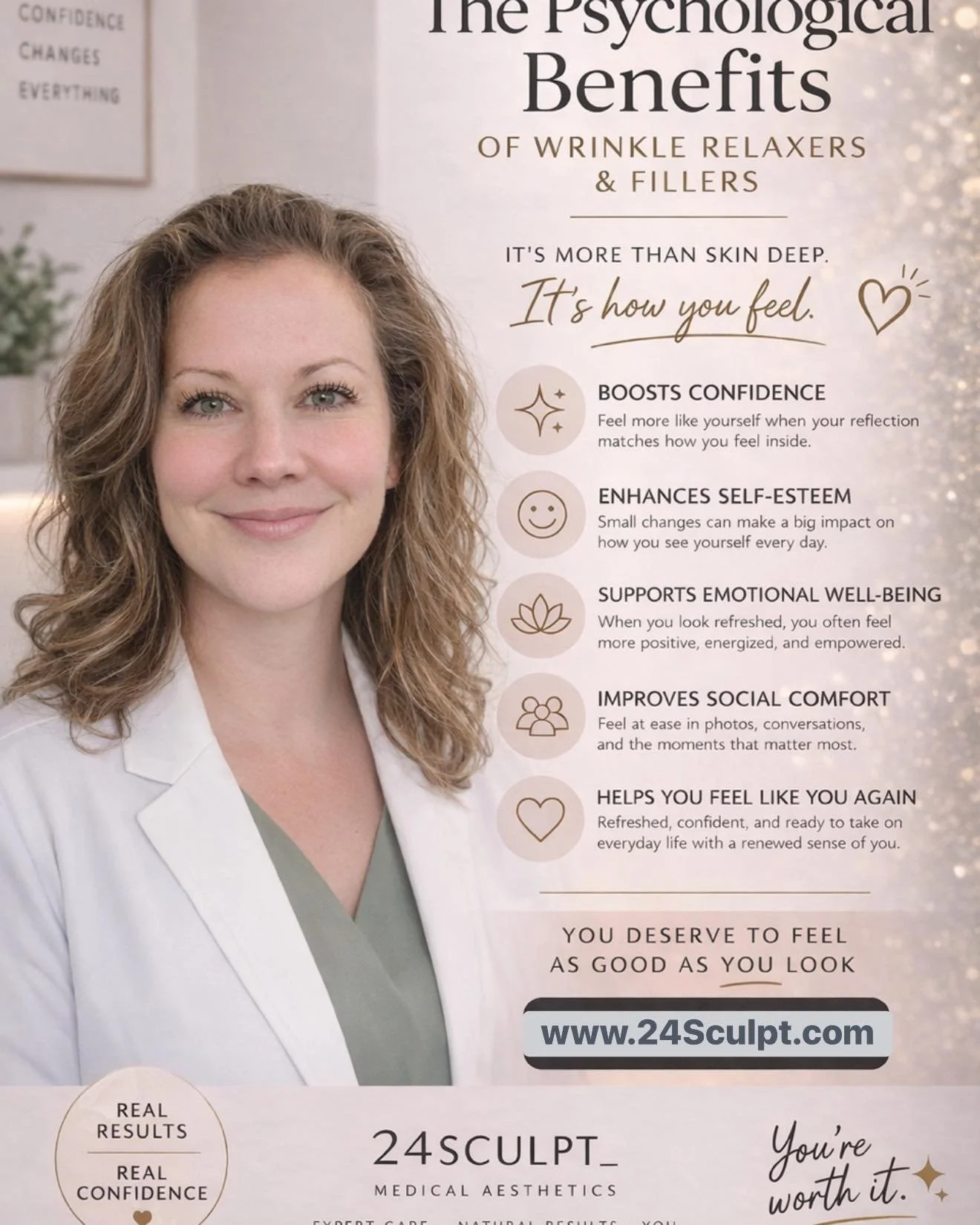 Confidence isn&rsquo;t just what you see&mdash;it&rsquo;s how you feel ✨

Subtle, natural enhancements with wrinkle relaxers &amp; fillers can help you feel empowered and show up as your best self every day.

At 24Sculpt, we focus on results that sti