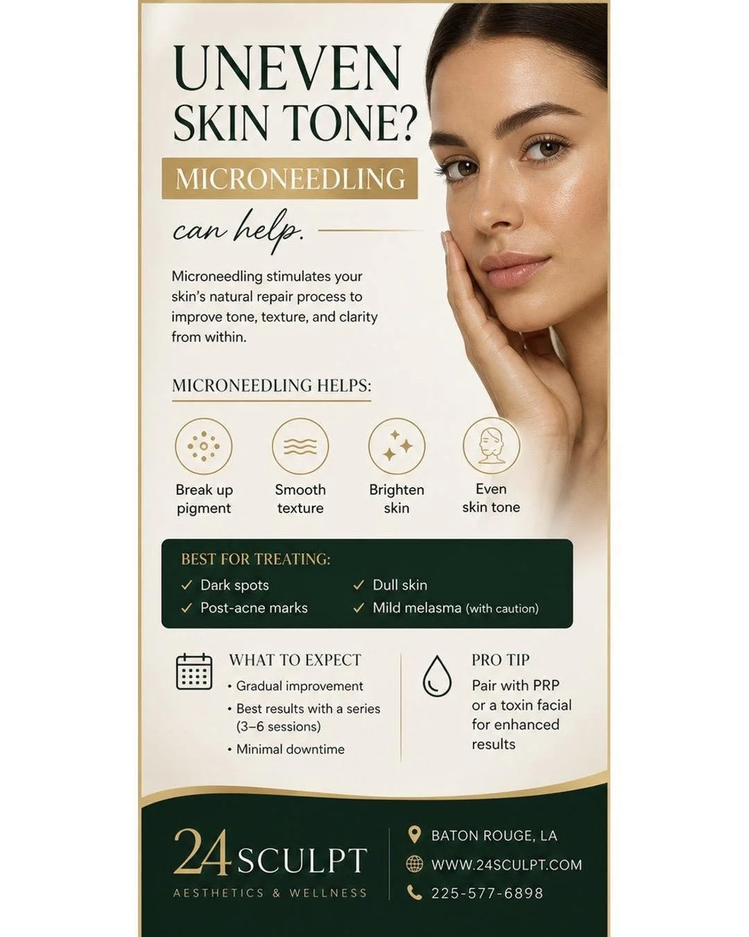 Uneven skin tone is one of the most common concerns we treat.

Whether it&rsquo;s sun damage, acne marks, or general dullness&mdash;microneedling works by stimulating your skin&rsquo;s natural repair process to even pigment and improve overall clarit