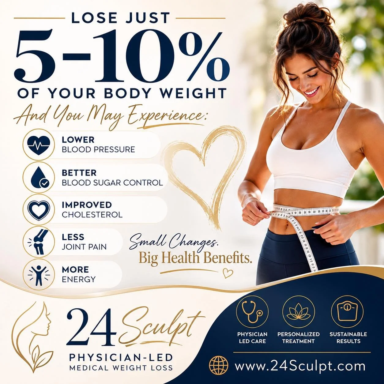🏥 Did You Know?

Losing just 5-10% of your body weight can lead to significant health benefits, including:

✅ Lower blood pressure
✅ Improved blood sugar control
✅ Reduced risk of type 2 diabetes
✅ Improved cholesterol levels
✅ Less stress on joints