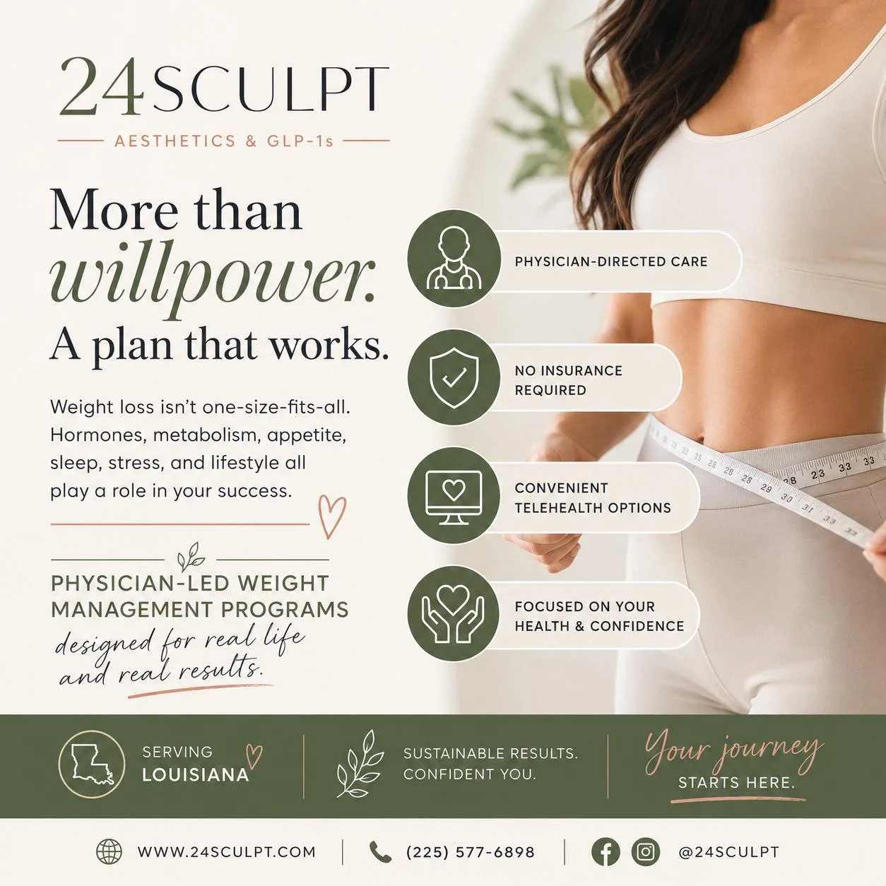 Tired of doing everything right and still not seeing the results you want?

Weight loss is about more than willpower. Metabolism, appetite signals, sleep, stress, and lifestyle all play a role in your success.

At 24Sculpt Aesthetics &amp; GLP-1s, we