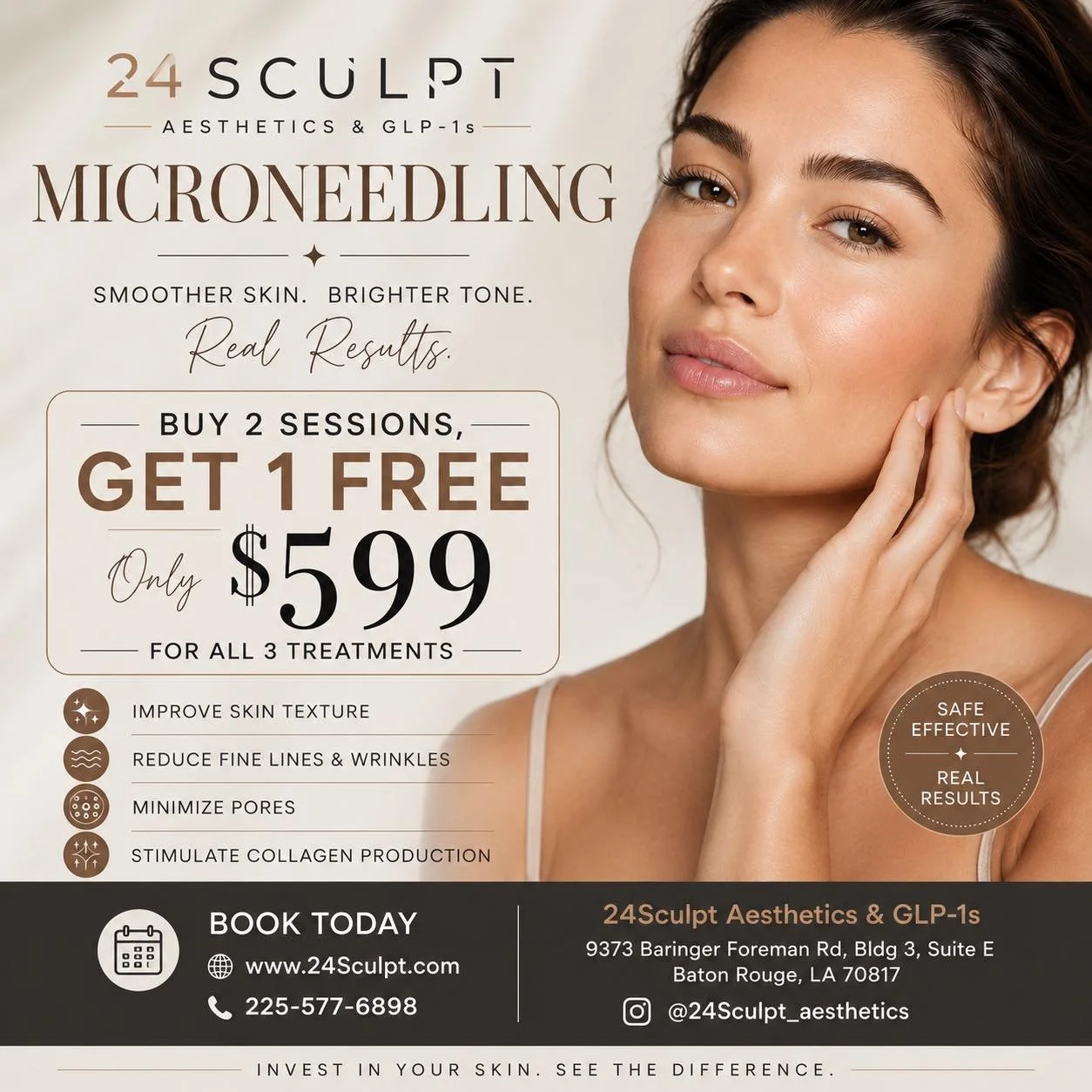 Microneedling with PRP
BUY 2 SESSIONS, GET 1 FREE
Only $599 for all 3 treatments

✨ Improve skin texture
✨ Reduce fine lines &amp; wrinkles
✨ Minimize pores
✨ Stimulate collagen production

BOOK TODAY
🌐 www.24Sculpt.com
📞 225-577-6898

24Sculpt Aes