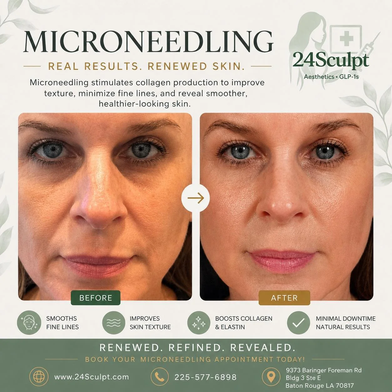 ✨ REAL RESULTS. RENEWED SKIN. ✨

This beautiful before-and-after shows just one example of what microneedling can do. By stimulating your body&rsquo;s natural collagen and elastin production, microneedling helps improve skin texture, soften fine line