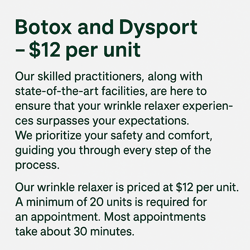 Advertisement for Botox and Dysport treatments in Louisiana at $12 per unit, highlighting skilled practitioners and advanced facilities focused on safety, comfort, and customer satisfaction, with a minimum of 20 units needed for appointments.