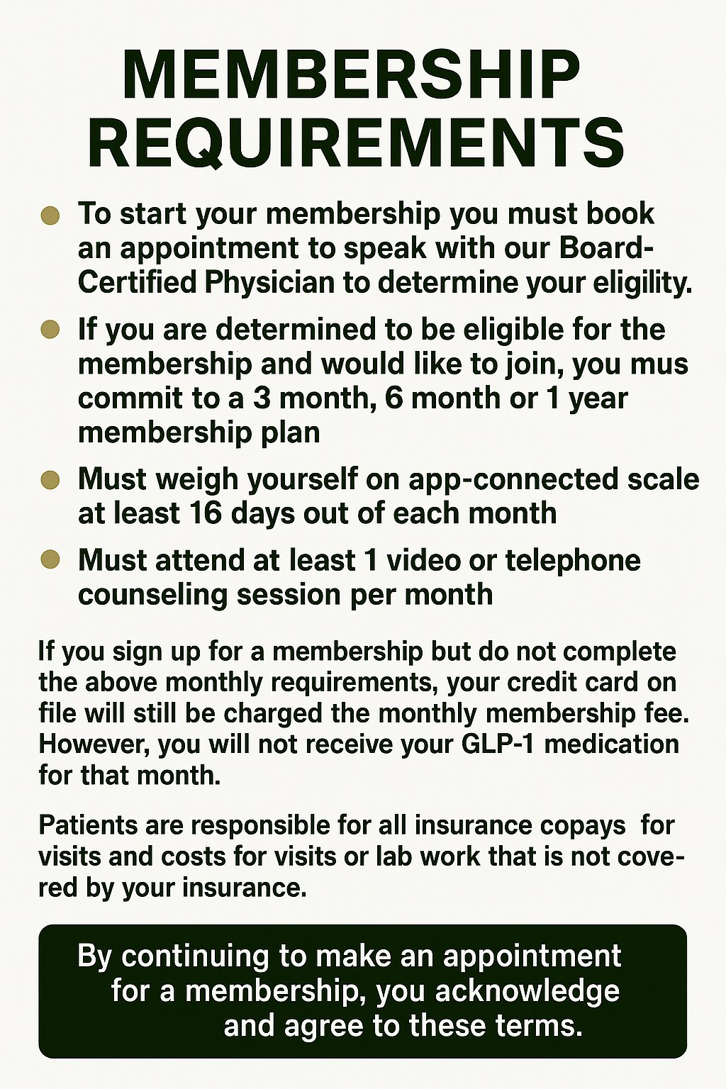 Sign with 24Sculpt membership requirements, including booking appointments with a board-certified physician, committing to a membership plan, weighing on an app, attending counseling sessions, and insurance responsibilities.
