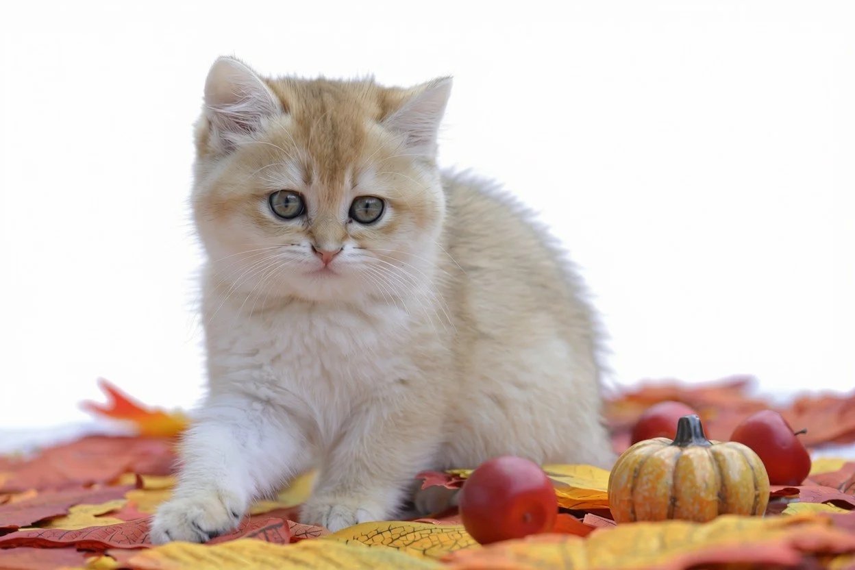 A cute, fluffy, cream-colored kitten sitting on autumn leaves with small pumpkins and apples. This is a British shorthair Black Golden Shaded kitten with green eyes sitting on a fall decoration.