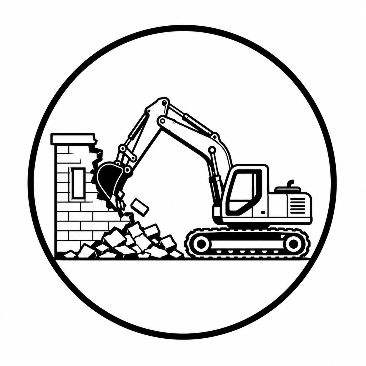 Line drawing of an excavator demolishing a brick building, with bricks and debris falling from the wall.