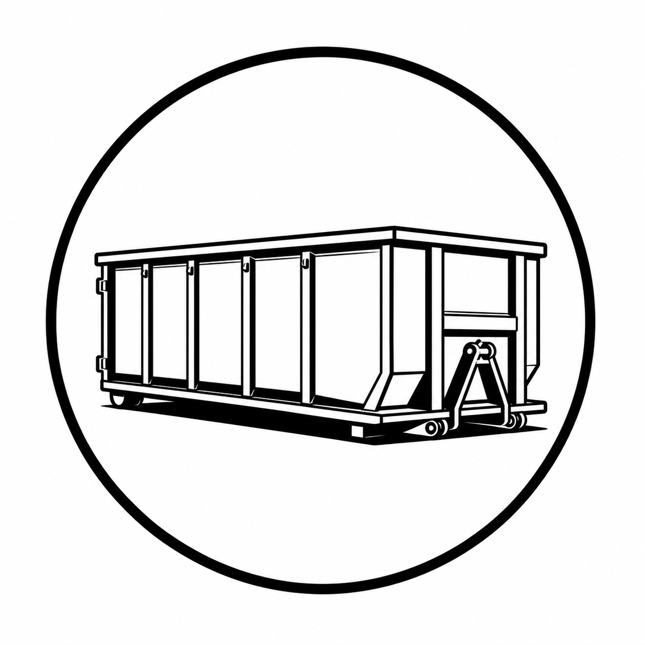 Line drawing of a large industrial dumpster on wheels.
