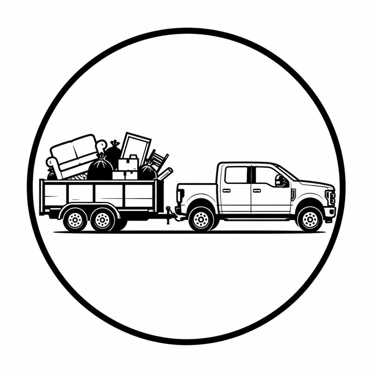 Line drawing of a pickup truck with a trailer loaded with furniture and household items, such as a sofa, bags, picture frames, and chairs, inside a circular border.