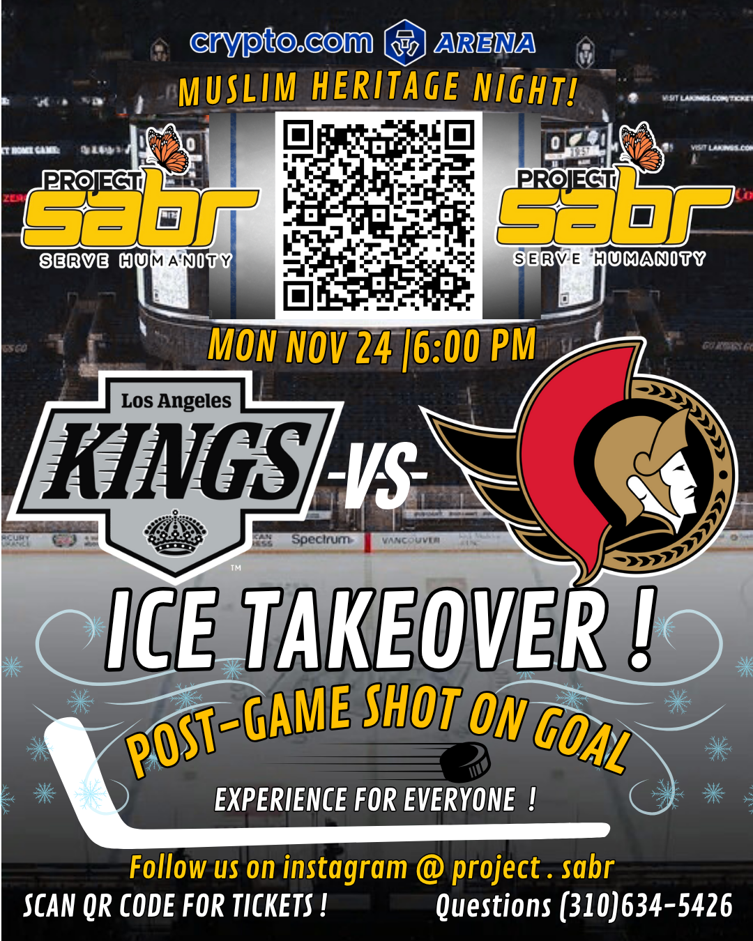 Ice hockey game promotional poster for LA Kings versus Ottawa Senators with information about a post-game event, November 24 at 6:00 PM.