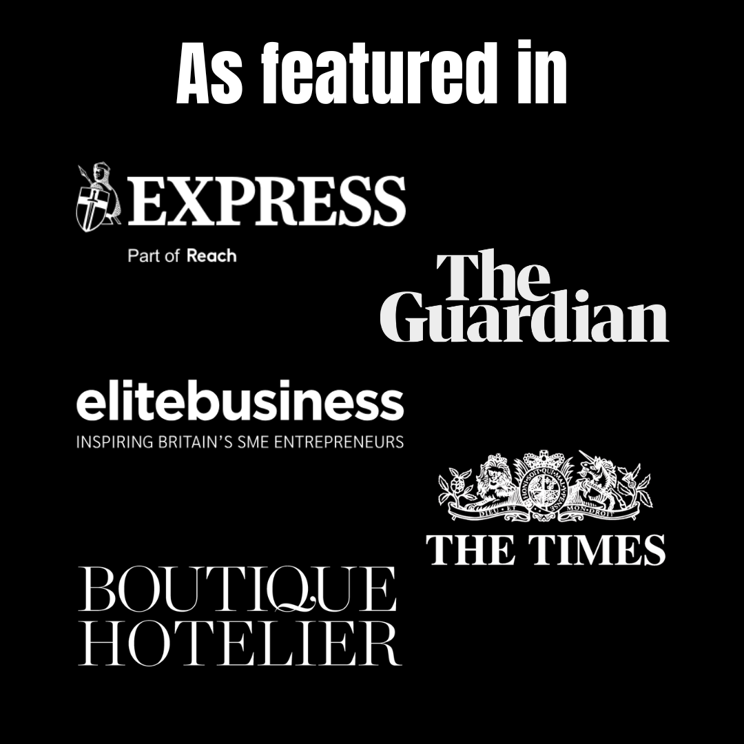 A black background with overlapping white text showcasing various media outlets such as The Guardian, The Times, Express, Elite Business, Boutique Hotelier, and others, indicating they have featured or are associated with the subject.