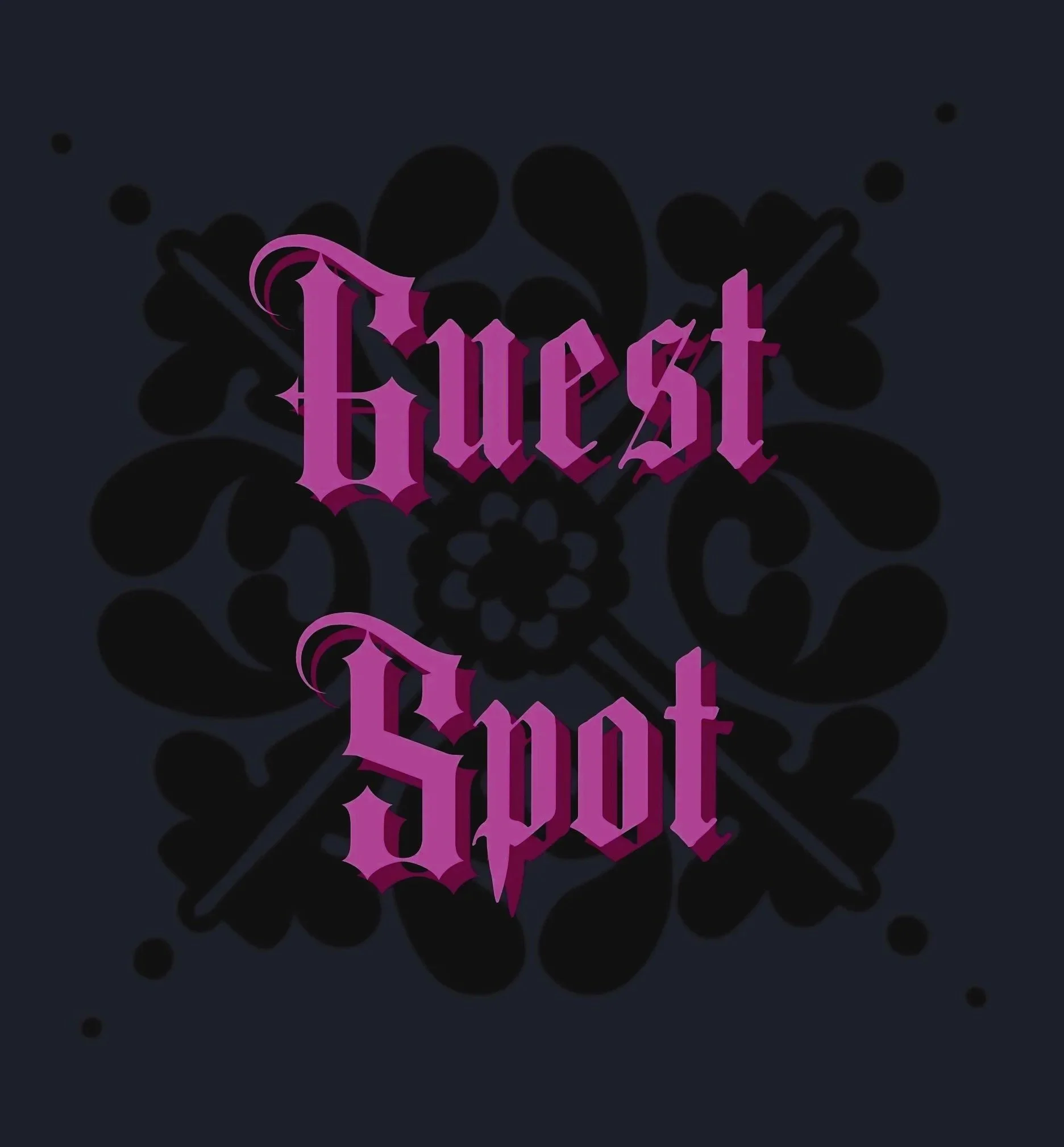 Dark background with black ink splatters and the word "Guest" written in purple Gothic-style font.