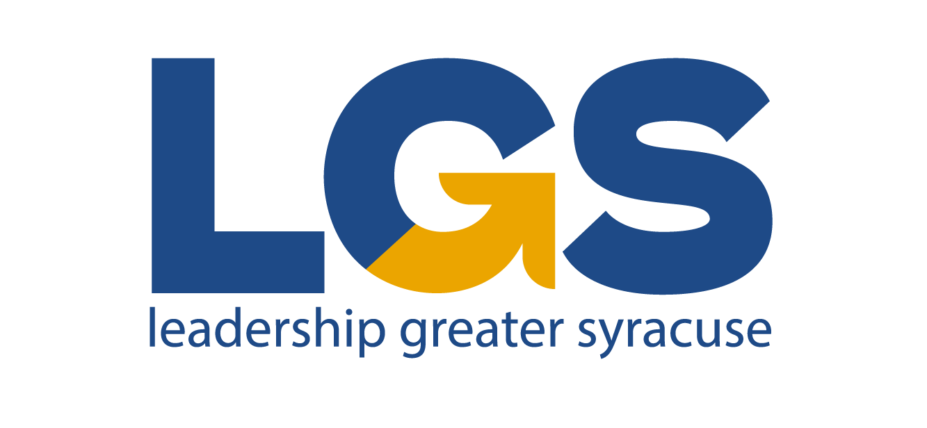 Logo for leadership greater Syracuse, with the acronym 'LGS' in large blue letters, a yellow arrow forming part of the 'G', and the phrase 'leadership greater syracuse' underneath.