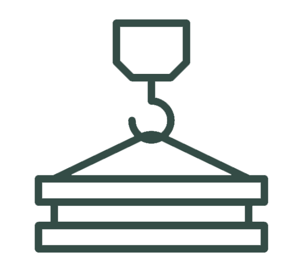 Icon of building materials suspended from a crane.