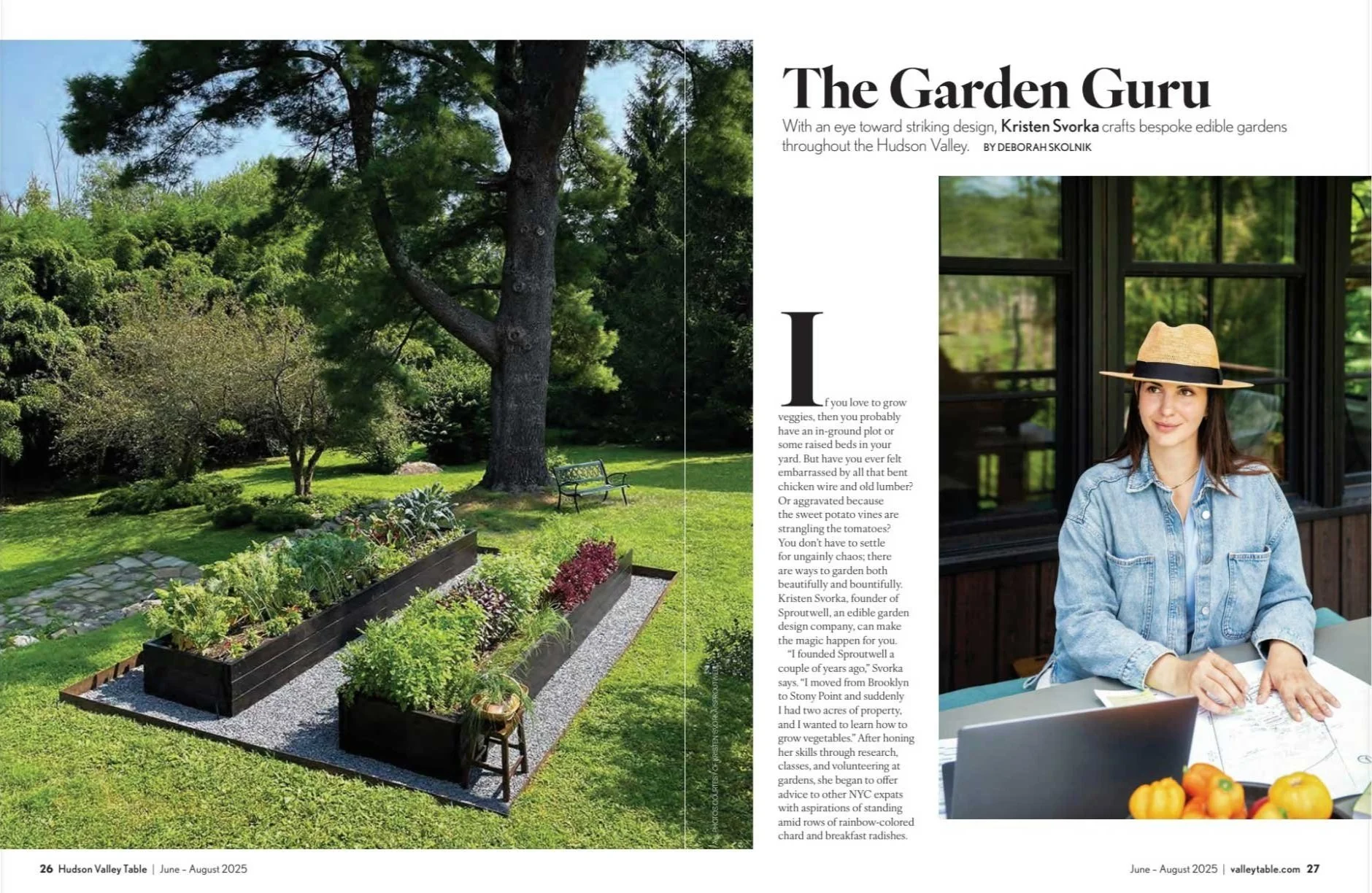 A magazine spread showing a photo of long raised beds filled with veggies on the left and an image of a woman sitting at a table outdoors drawing a landscaping plan on the right.