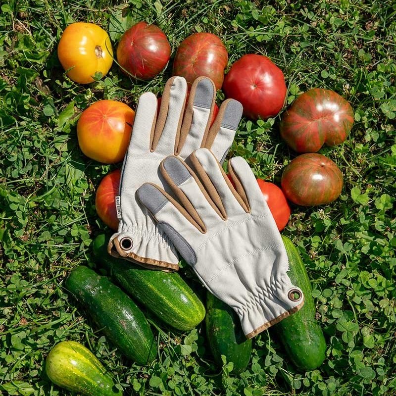 The off-white Leepa Gardening Gloves with brown and grey details are laying next to each other on top of red tomatoes and green cucumbers in brightly lit grass.