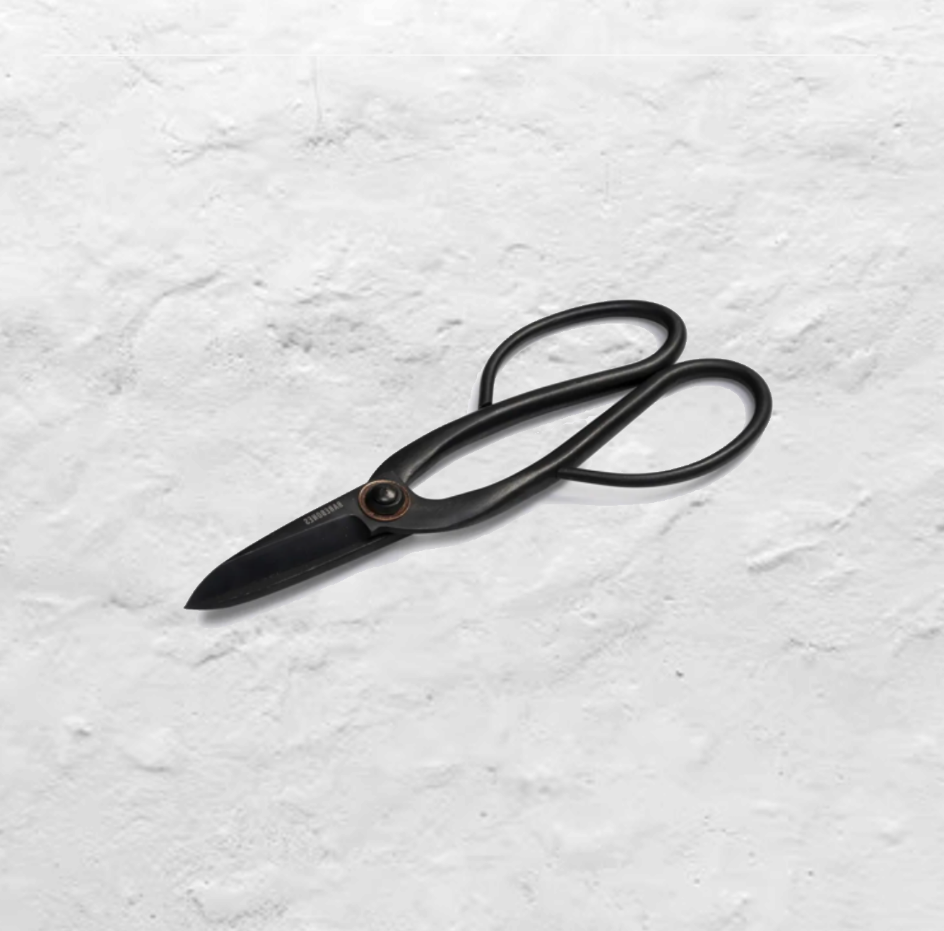 A black pair of pruning shears lie closed and on an angle on a white plaster background.