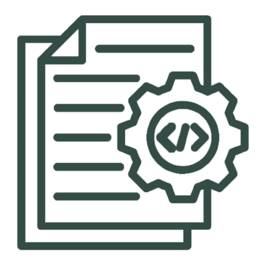 Icon of two pieces of paper with gear icons on it to represent written instructions.