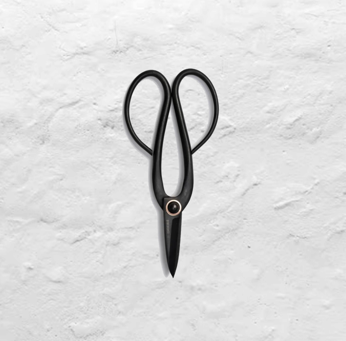 A black pair of pruning shears lie closed on a white plaster background.