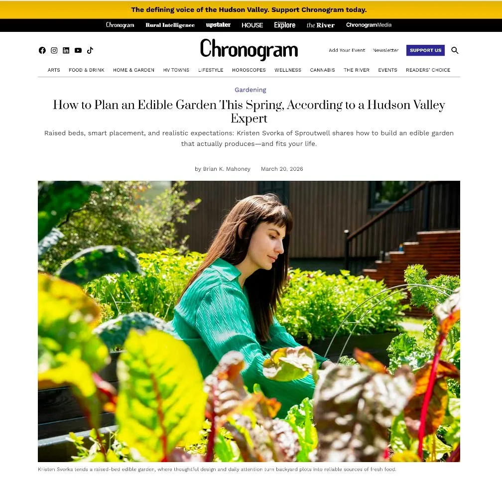 A screenshot of the gardening section of the Chronogram website featuring Kristen Svorka and Sproutwell.
