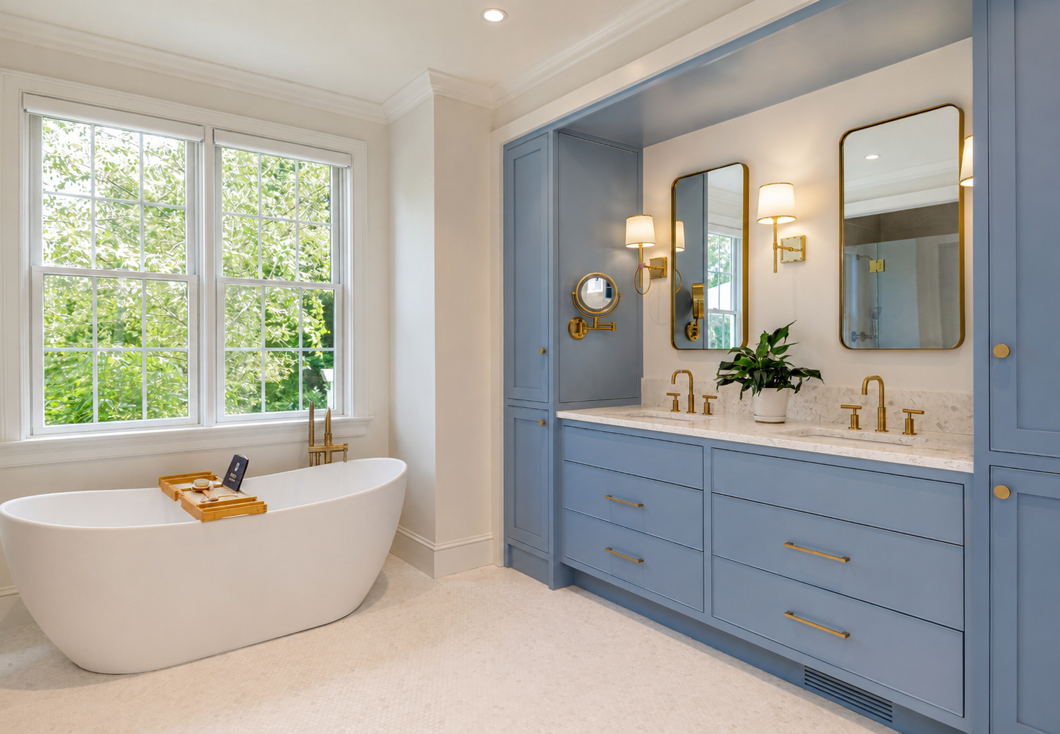 Natural light fills this custom Cape Cod bathroom with a freestanding soaking tub, built-in double vanity, marble surfaces, and custom cabinetry.