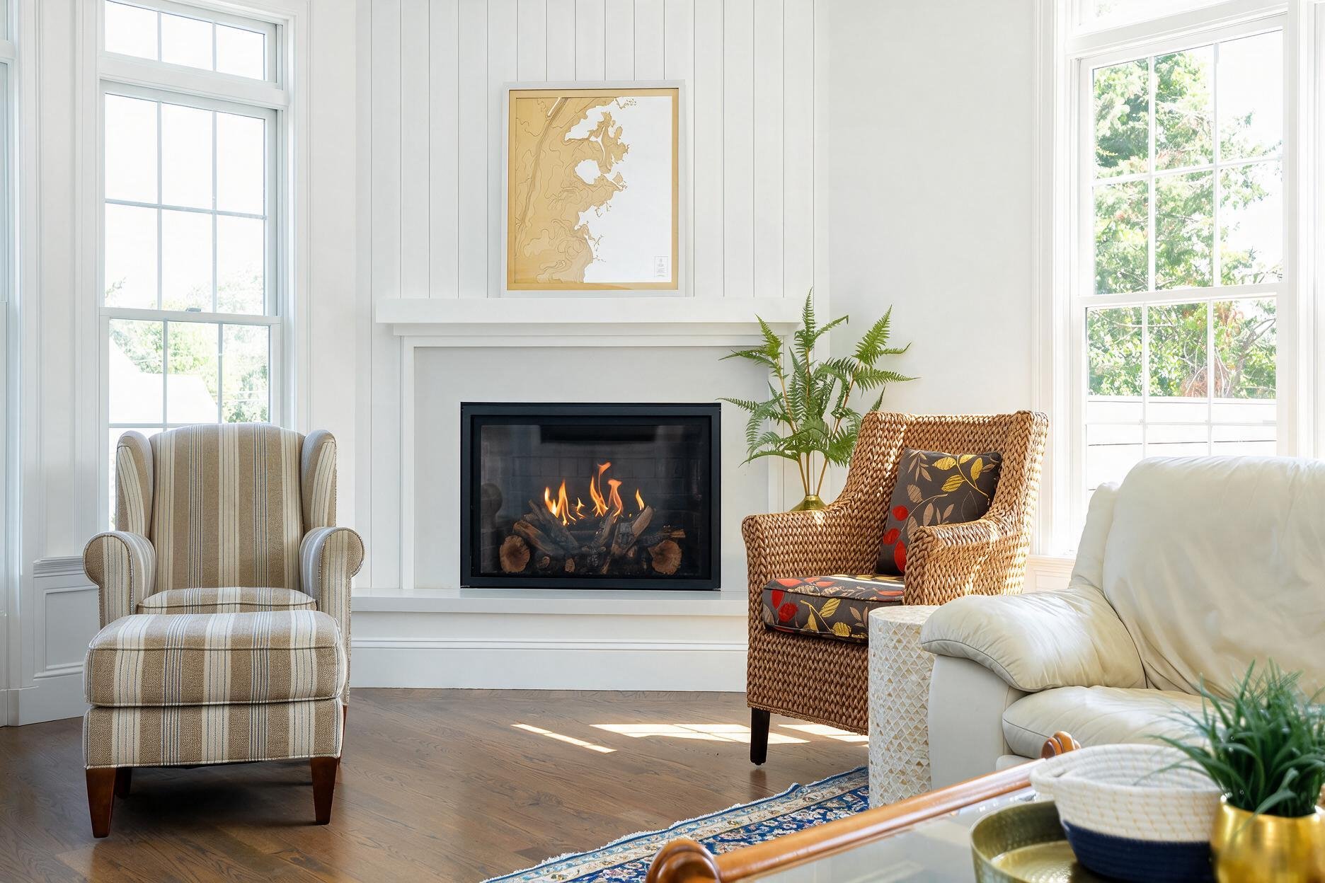 Sun-filled gathering space featuring a custom fireplace, shiplap millwork, hardwood floors, and timeless coastal-inspired furnishings in this Cape Cod home.