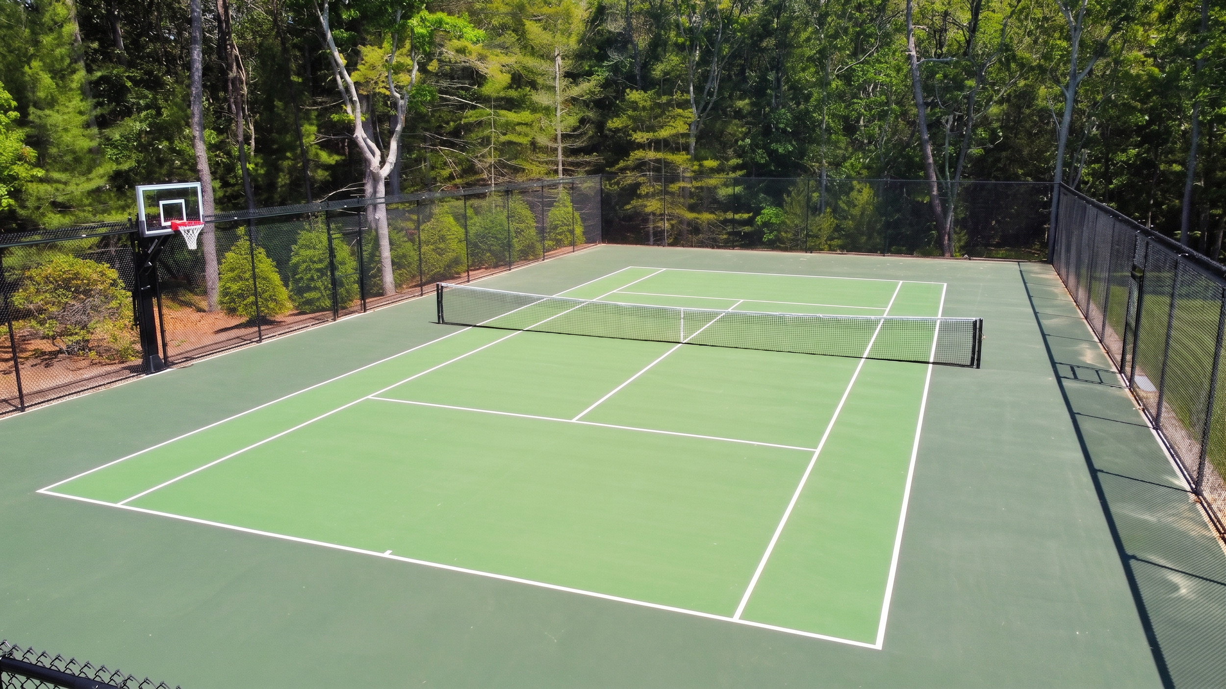 Private sports court combines tennis and basketball within a landscaped Cape Cod property designed for year-round outdoor living and family recreation.