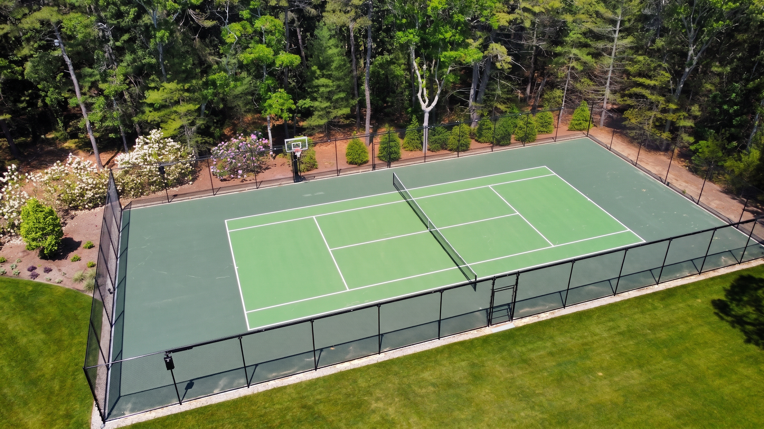 Professionally designed tennis court enhances this Cape Cod estate with private recreation, landscaped grounds, and resort-style outdoor amenities.