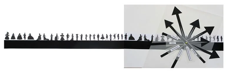 A collage of silhouettes depicting fashion trends over time, with labelled arrows representing future directions fashion could take