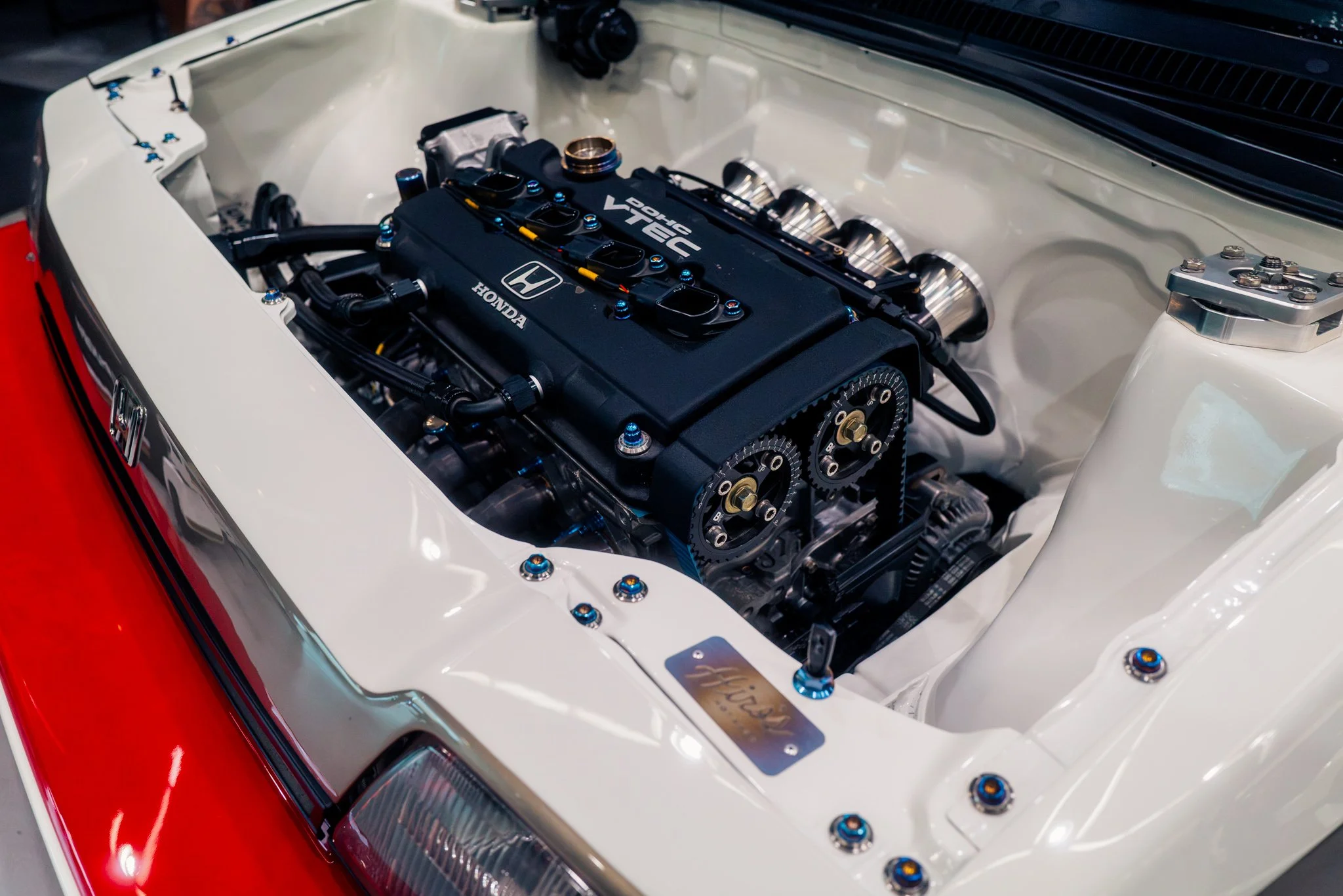  Hiro’s Hotrods engine bay of the Honda Civic. 