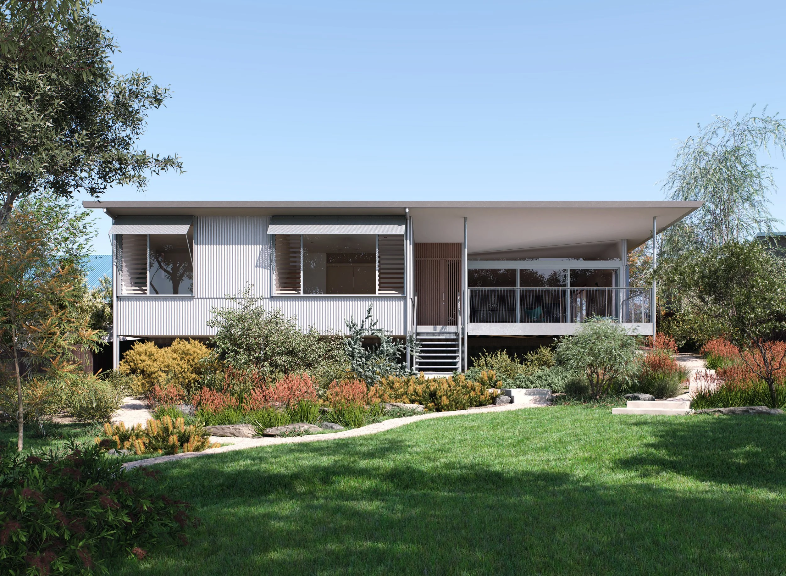 Modern, coastal contemporary, architecturally designed, bespoke house with large windows, clean lines, and a generous balcony, surrounded by lush greenery, trees, and a landscaped garden with native Australian plants and shrubs.