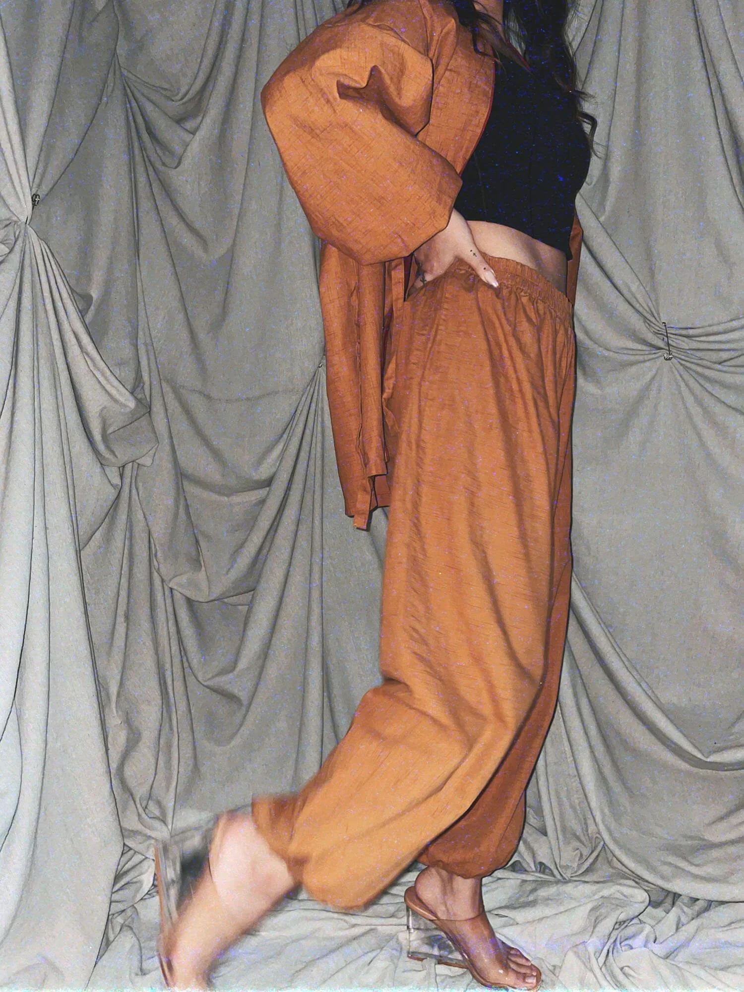 2 Men's Kimono Set - orange tan linin mens authentic kimono wrap top and high waisted cargo pants with red accent - ennis process artist ego death estate sale fashion style consignment thrifting.jpg