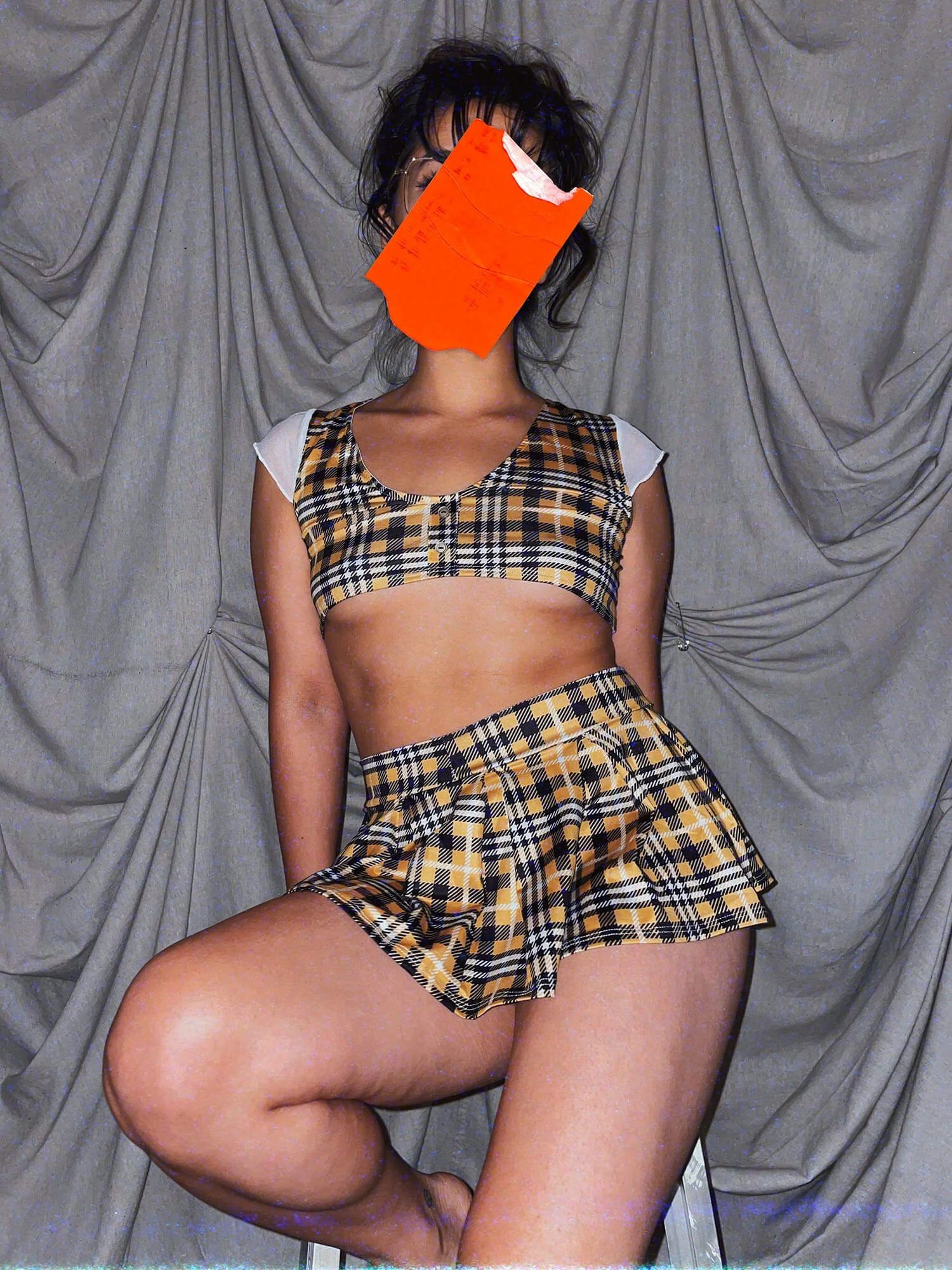 7 naughty school girl outfit yellow black plaid micro skirt costume kinky set - ennis process artist ego death estate sale fashion style consignment thrifting.jpg