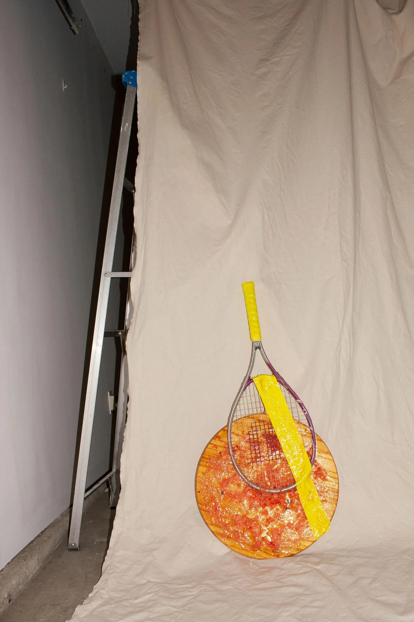 15 sticky poetry pink marshmallow peep tennis racket squished on wooden platter dissertation sculpture 5culptures by ennis like tennis mixed media contemporary art process artist dave chappelle.jpg